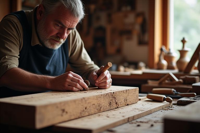Artisans meticulously working on a wooden furniture piece, showcasing craftsmanship