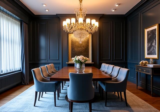 Formal dining room in a Chelsea townhouse with chandelier