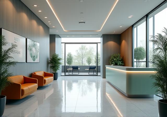 Modern corporate office reception area with natural light
