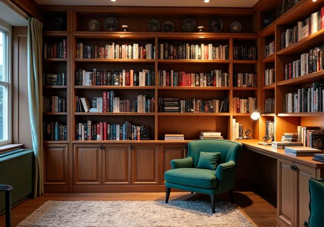 Cozy home library with custom bookshelves in Notting Hill