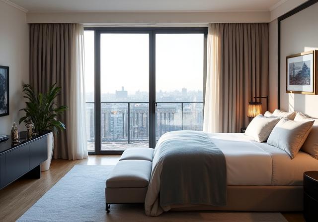 Serene bedroom with large windows overlooking Regents Park