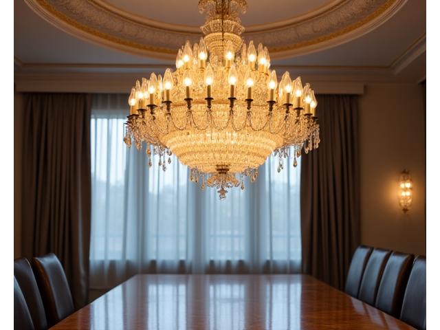 Elegant custom chandelier with warm glow illuminating a luxurious dining room