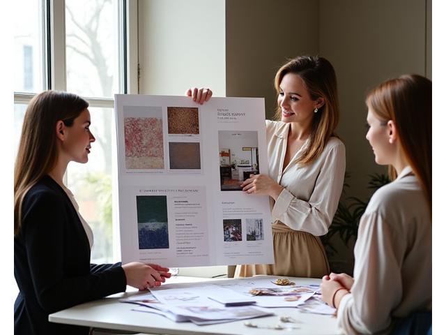 Interior designer presenting mood board to client in a stylish, well-lit studio