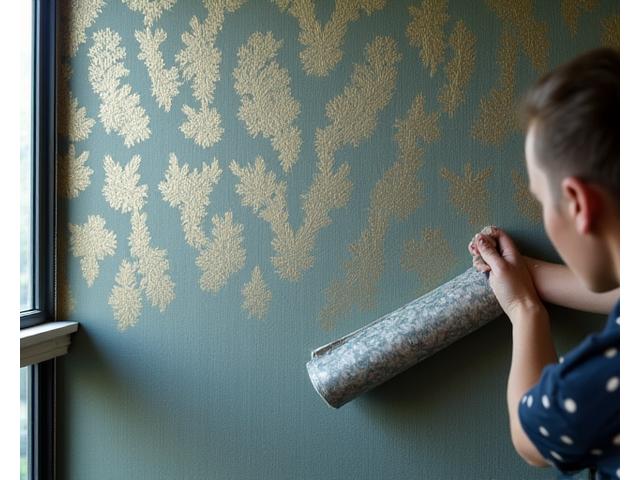 Richly textured luxury wallpaper being meticulously applied to a wall