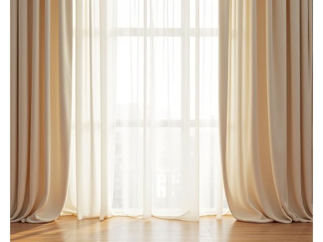 Luxurious cream-coloured tailored curtains cascading elegantly in a sunlit room